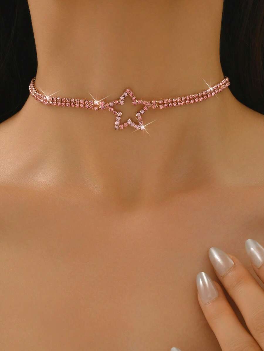 1pc Women's Star Rhinestone Y2K Style Necklace, Suitable For Party And Holiday - Pink - View 1