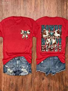 Western Tops Women, Turquoise Bow-Knot Print Round Neck Short Sleeve Top, Gift For Mom, Western Cowgirl Style, Country Outfit, Summer Cowboy Tee, Free Shipping - 紅色 - 查看 1