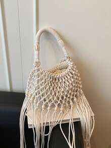 Kleine gewebte Umhängetasche, einzigartige Strandschultertasche, modische Kuvert-Tasche, vielseitige Ins Umhängetasche für den Strandurlaub - Weiss - Übersicht 7