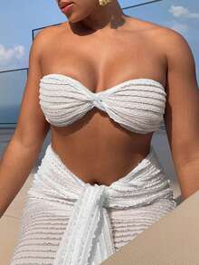Conjunto de Top Cropped Bandeau com Nó Torcido e Textura Casual de Praia e Saia Envelope, /Verão - Branco - Visão 6