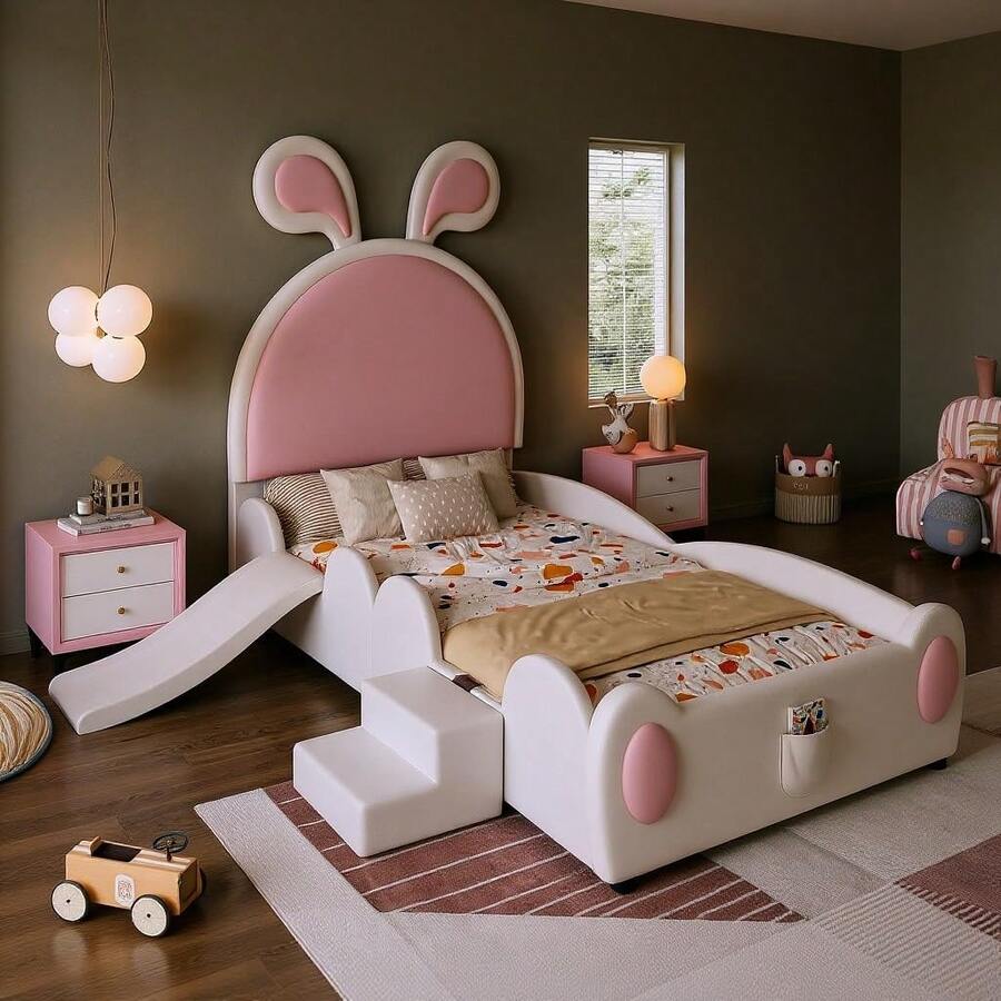 EGBHDSFT Polsterbett, Einzelbett Mit Kleiner Treppe und Kinderrutsche, Kopfteil mit Hasenohren, Kinderbett mit Holzlatten, PU, Weiß+Rosa, 90x200cm - Schwarz - Übersicht 1