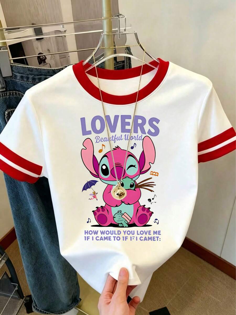 Officially Licensed Disney Women's Y2K-Style Color-Block Short-Sleeve Crewneck T-Shirt - A Breathable, Casual Top; Disney Lilo & Stitch "Lovers" Angel Ringer T-Shirt, The Ideal Choice For Everyday Wear. - White - View 1