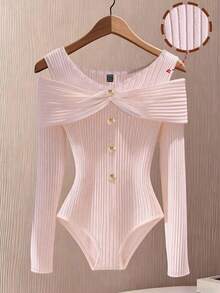 Body elegante de unicolor con hombros descubiertos, adecuado para primavera y otoño - Rosa - Ver 1