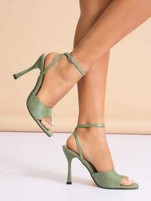 Women's High Heel Sandals, Fashionable For Spring/Summer Parties, Outdoor Events, Elegant For Banquets, Square Toe, Mirrored Finish, Buckle Closure - Mint Green - View 4