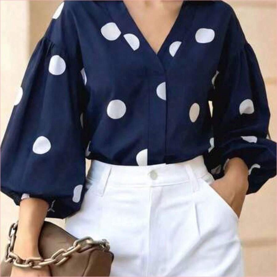 WNS Blusa elegante para mujer, camisa de botones con lunares en color albaricoque, manga farol larga, cuello en V, adecuada para la oficina, ocasiones formales y uso diario casual - Blusa para mujer para todas las estaciones y vacaciones de primavera - Azul marino - Ver 1