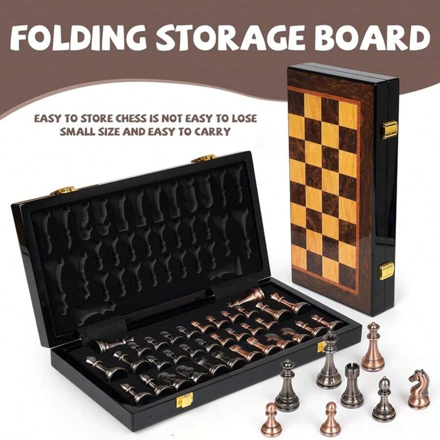 Easytoday 高級西洋棋組 38cm/15吋摺疊棋盤,全新工藝金屬棋子附2個額外皇后,適合各種節日禮物 - 彩色 - 查看 1