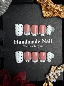10pcs Short Square Handmade Press-On Nails, Cute Nude Color With Classic French Tip And Polka Dot Design, Smooth Glossy Acrylic Fake Nails Set, Suitable For Women's Daily Wear - Multicolor - View 4
