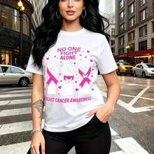 Camiseta de mujer con estampado de puños en alto y lazos rosas que dicen "Nadie lucha sola" para concientizar sobre el cáncer de mama - camiseta casual de manga corta, ajuste cómodo y moderno, estilo urbano con mensaje de esperanza - ideal para camin - Blanco - Ver 7