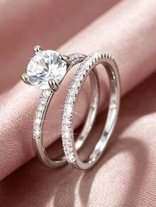 2 Pieces Sparkling Round Cubic Zirconia 2pcs/Set Women's Ring, Minimalist & Fashionable Double Stackable Ring, Wedding/Party Jewelry Royal - Silver - View 3