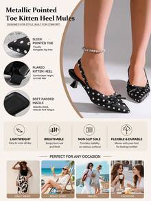 1 Pair Women's Retro Polka Dot Bow Decor Summer High Heel Sandals, Adjustable Elastic Elegant Pointed Toe Shoes Suitable For Party And Daily Wear - Black - View 12