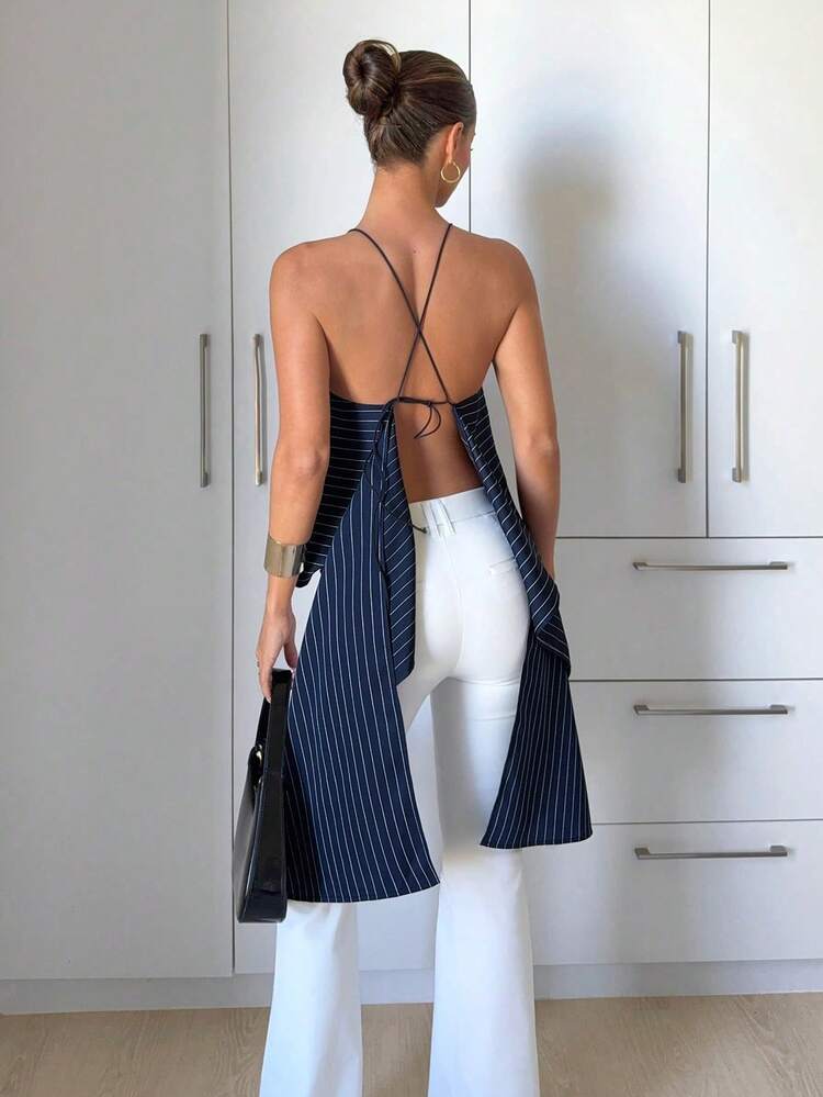 Camiseta sin espalda con estampado de lunares y nudo delantero, con bajo asimétrico, estilo de vacaciones de verano para mujer - Multicolor - Añade 1