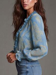 Blusa de gasa con cremallera, estampado de paisley barroco elegante y estilo vacacional, con volantes.Blusa de gasa transparente con estampado floral todo sobre, con cremallera, para uso cas - Azul cielo - Ver 4
