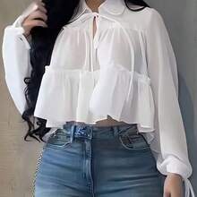 WNS Camisa elegante y casual para mujer, diseño asimétrico, manga farol con lazo en el cuello, tela tejida de unicolor con bajo plisado, elegante para uso diario, citas, vacaciones, primavera/verano en color blanco - Marrón - Ver 2
