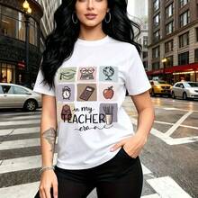 Camiseta de mujer con estampado educativo de nueve iconos escolares y la palabra "TEACHER" - diseño casual de manga corta con ajuste cómodo y moderno, ideal para el Día del Maestro en México - perfecta para regalar a mamá, esposa, novia, hermana mayo - Blanco - Ver 9