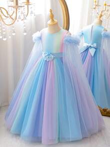 Vestido largo estilo hada para niñas, nueva llegada de verano, 3-12 años, falda de malla con degradado arcoíris soñador y elementos florales, vestido de princesa línea A multicapa para niñas, diseño de chal dulce, adecuado para primer cumpleaños, niña de las flores en boda, fiesta, reunión, ocasiones formales, vestido de noche novedoso - Azul - Ver 2