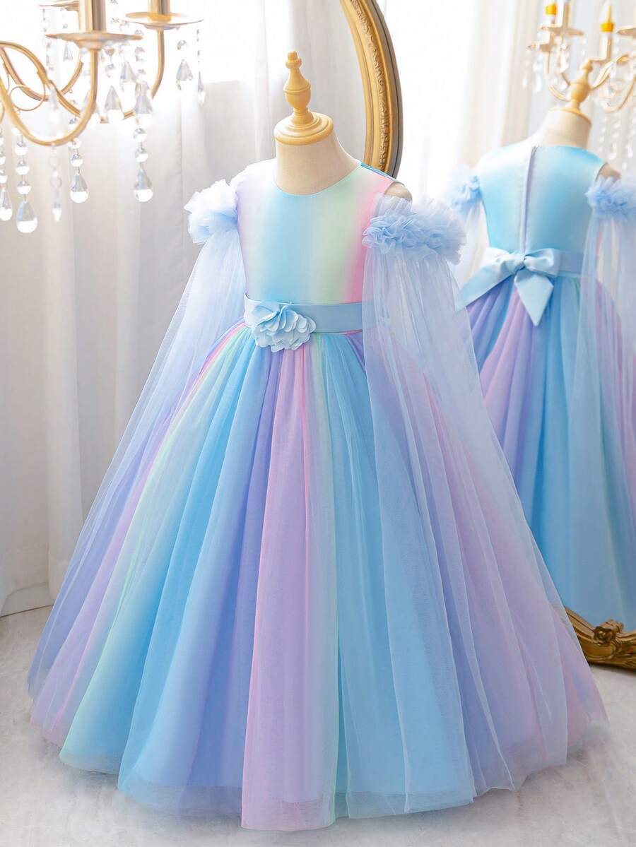 Vestido largo estilo hada para niñas, nueva llegada de verano, 3-12 años, falda de malla con degradado arcoíris soñador y elementos florales, vestido de princesa línea A multicapa para niñas, diseño de chal dulce, adecuado para primer cumpleaños, niña de las flores en boda, fiesta, reunión, ocasiones formales, vestido de noche novedoso