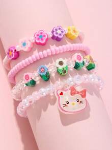SANRIO 4件/組 三麗鷗可愛貓咪狗咪吊墜心形串珠手鍊手環飾品，適合節日派對、學校、生日禮物、女孩佩戴，彩色珠子隨機 - 彩色 - 查看 6