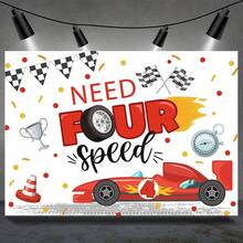 1pc Racing Theme 4th Birthday Backdrop, Red Car Design With Checkered Flag And Trophy, Durable Polyester Photography Background Cloth For Cake Table, Photo Booth, Studio Props - 12 - View 2
