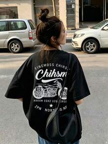 女款時尚寬鬆圓領休閒機車字母印花短袖T恤，夏季黑色 - 黑色 - 查看 1