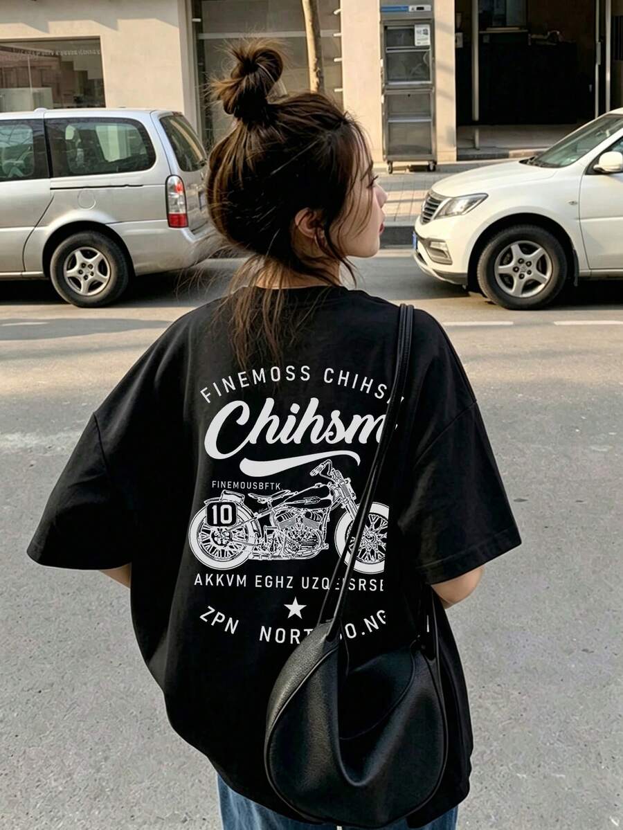 女款時尚寬鬆圓領休閒機車字母印花短袖T恤,夏季黑色 - 黑色 - 查看 1