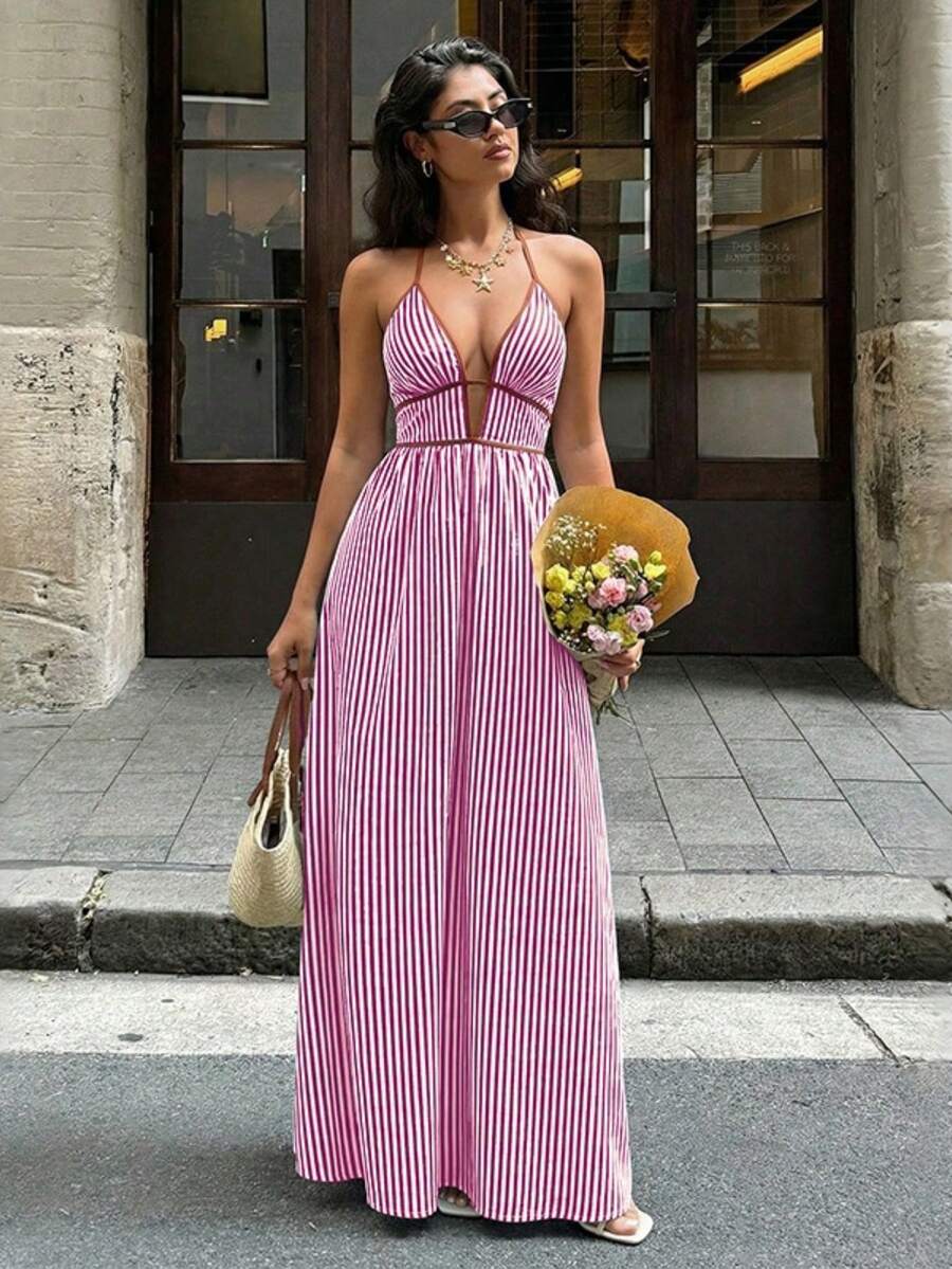 Vestido Cuello Halter Espalda Descubierta Rayas Disponible en Múltiples Colores - Rosa Fucsia - Ver 1