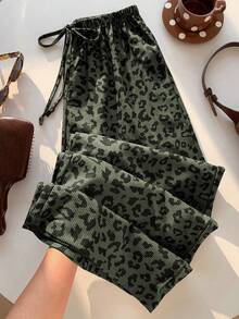 Pantalones sueltos con estampado de leopardo verde militar y cordón en la cintura para mujer - Verde militar - Ver 1