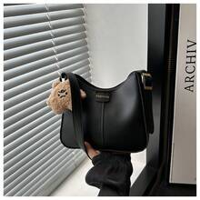 Bolso de cuero genuino de lujo, clásico y elegante, adecuado para uso diario y ceremonias. Bolso de hombro y bandolera tipo cubo con colgante, de gran capacidad, color sólido, textura casual vintage, nueva moda para mujer 2026. - Adorno de pompón color caqui - Ver 8