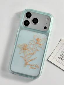 Illustration Line Lily Pattern Shockproof Phone Case Compatible With IPhone 16 15 14 Plus 13 12 11 16 15 17 Pro Max, Aesthetic Transparent Border Protective Shell - Translucent Green Lily - View 3