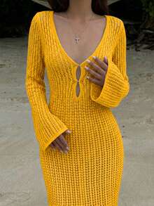 Vestido de playa de punto calado sin espalda de color liso - Naranja - Ver 4