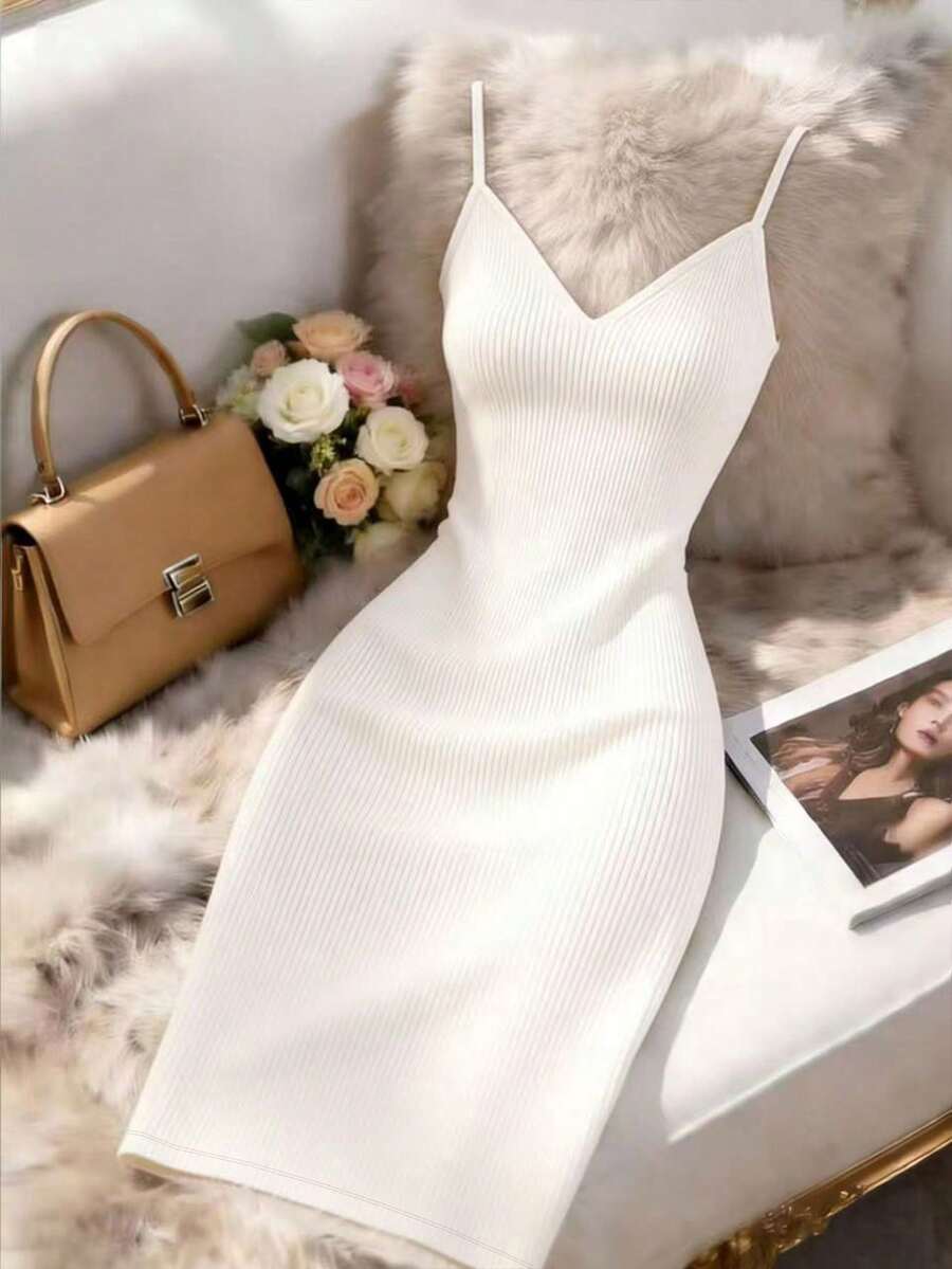 Vestido de tirantes acanalado de unicolor simple para mujer, verano - Albaricoque - Ver 1