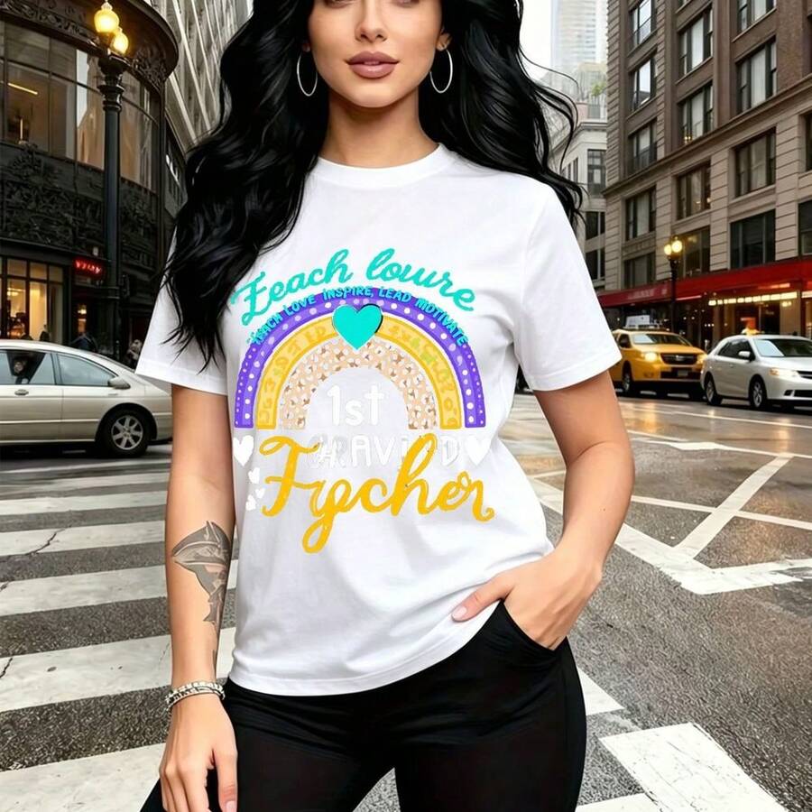 Camiseta de mujer con estampado " Louise 1st GRAVID Teacher" y corazón de leopardo - camiseta casual de manga corta con ajuste cómodo y estilo urbano, ideal para el Día de la Madre en México, regalo perfecto para mamá, esposa, novia, hermana may - Blanco - Ver 1