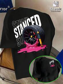 Camiseta de Modificación de Automóviles de Perfil Bajo para Hombre STANCED - Estampado de Grafiti con Diseño de Cubo de Rueda de Carreras y Amortiguador, Diseño de Salpicaduras de Líquido Rosa, Adecuada para Entusiastas de Automóviles, Ropa Urbana, Viajes Diarios, Camiseta de Verano Lavable a Máquina - Negro - Ver 1
