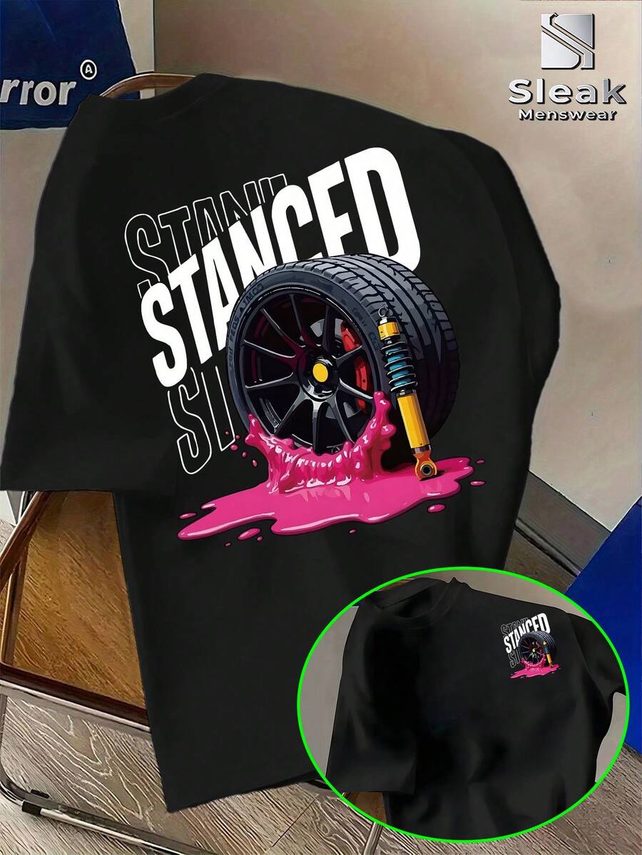 Camiseta de Modificación de Automóviles de Perfil Bajo para Hombre STANCED - Estampado de Grafiti con Diseño de Cubo de Rueda de Carreras y Amortiguador, Diseño de Salpicaduras de Líquido Rosa, Adecuada para Entusiastas de Automóviles, Ropa Urbana, Viajes Diarios, Camiseta de Verano Lavable a Máquina - Negro - Ver 1