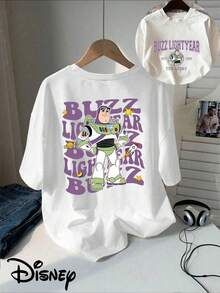 Disney Buzz Lightyear Double-Sided Printed T-Shirt, Short Sleeve Casual Jacket, Suitable For Summer And Spring Seasons, Short Sleeve, Women's Clothing - 白色 - 查看 1