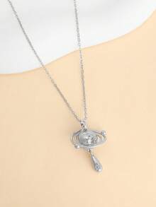 1pc Fashionable Minimalist Saturn Teardrop Rhinestone Pendant Necklace, Women Celestial Disc Clavicle Chain - Silver - View 3