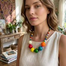 2026 European And American Fashion Short Wooden Bead Necklace Personalized Multicolor Necklace Bohemian Style - Hot Pink - View 2