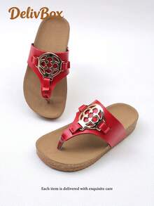 1 Pair Girls' Black Toe-Loop -Style Slide Sandals For Retro Casual Summer Wear(Sole/Sole Color Random) - Red - View 7