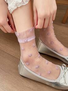 1/2/3 Pairs Women's Thin Mid-Calf Socks For Spring & Summer, Transparent Crystal Silk Stockings, Floral Pattern Ladies Socks - Multicolor - View 7