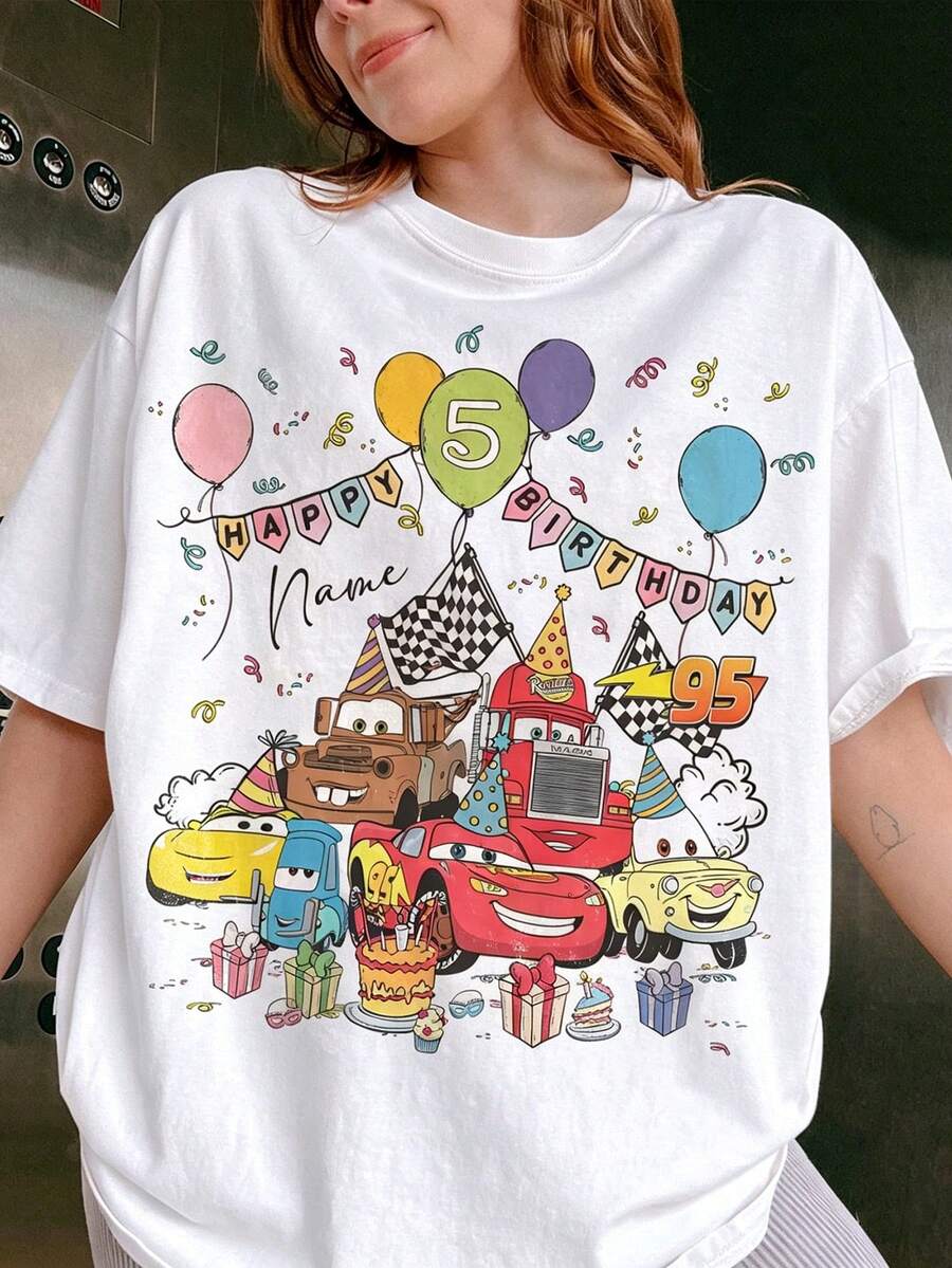 Officially Licensed Disney Brand, Personalized Car Birthday T-Shirts, Lightning McQueen T-Shirts, Disney  Cars T-Shirts With Customizable Names And Ages, Boy's Birthday Sets, Family Travel T-Shirts, 100% Pure Cotton High-Quality T-Shirts, Fit Well, Unisex, Perfect Gift, Free Shipping. - trắng - Xem 1