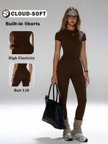 Conjunto de yoga para mujer, pantalones deportivos de cintura alta, conjunto deportivo moldeador de 2 piezas, conjunto de yoga que afina la cintura, camiseta de cuello redondo ajustada combinada con pantalones de yoga de cintura alta, conjunto esencia - Marrón - Ver 1
