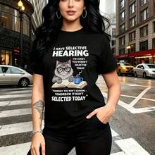 Camiseta de mujer con estampado humorístico de gato y café que dice 'I HAVE SELECTIVE HEARING' - diseño divertido con frase en inglés sobre sordera selectiva, estilo urbano casual ideal para el Día de la Madre, San Valentín o cumpleaños - ajuste cómo - Negro - Ver 11