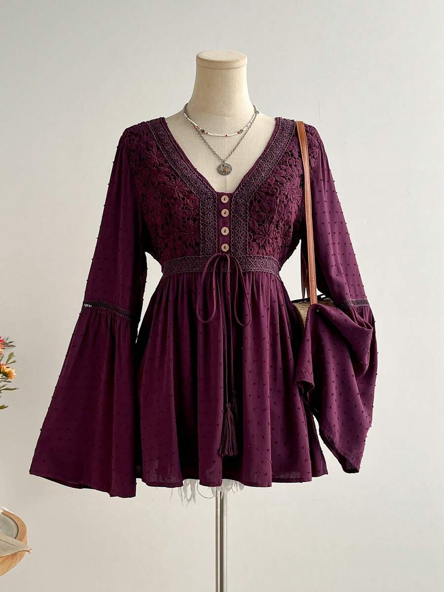 Rusttydustty Top feminino estilo boémio com renda, patchwork, manga sino e laço na cintura - roxo - Ver 1