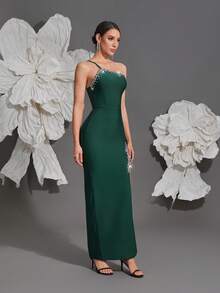 Knitted Bandage Dress, Women's One Shoulder Handmade Beaded Sexy Bodycon Slit Elegant Dress For Home Party, Holiday, Banquet Wedding - Dark Green - View 3