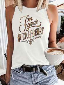 Party Graphic TeeSleeveless Vest, Letter Anime Print, Spring And Summer Women's Casual Loose Breathable Vest Top, Beautiful Back Door Convenience, Fas - 黑色 - 查看 8