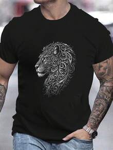 Men's Artistic Swirl Lion Head Graphic Print Casual Crew Neck Short Sleeve T-Shirt, Summer Loose Fit Breathable Casual Top, Street Style Daily Wear Fashion Tees For Men - Schwarz - Übersicht 6