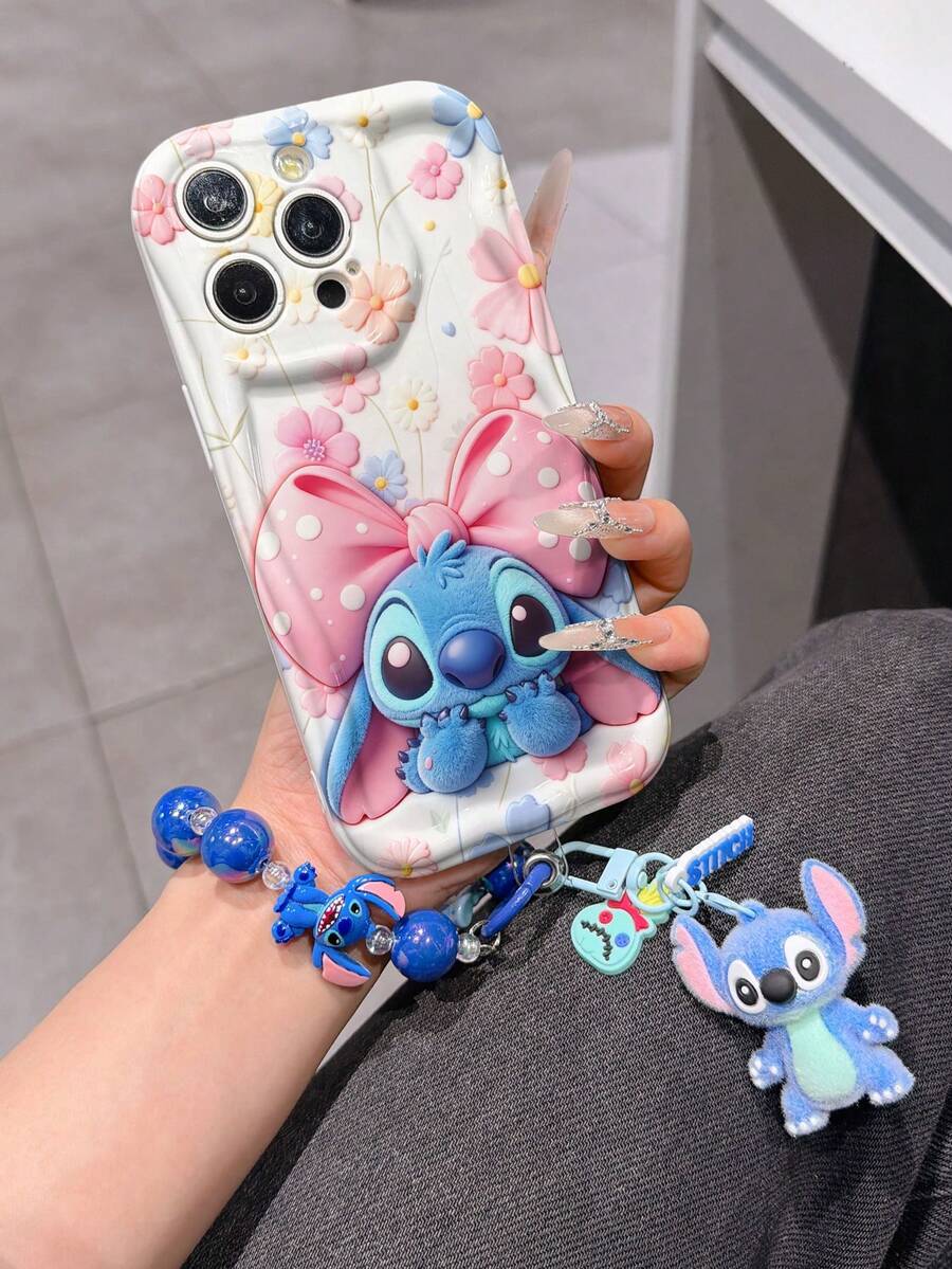 Disney Has Authorized, Phone Case - Chain Set, The Stitch Lilo & Stitch 3D Phone Case Plus A Silicone 3D Stitch Bracelet With Metallic Ring Removable Bracelet, Stitch And Angel Pattern, Compatible With Iphone17/16/15/14/13/12/11/XS/XR/X Plus Pro Max, A Stylish Cartoon Phone Case, The Perfect Gift Choice, Phone Protection, Durable Phone Cover, Great Gift For Friends And Family. - 白色 - 查看 1