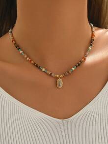1pc Women's Stainless Steel Natural Stone Geometric Pendant Colorful Beaded Necklace, Fashionable Vintage Style Suitable For Daily Wear (Bead Color Random) - Gold-n1129 - View 1