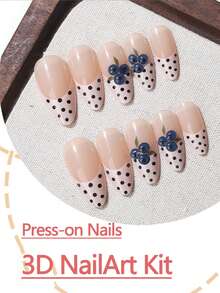 10pcs French Almond Handmade Nail Stickers, Pink French Tips, Brown Polka Dots, 3D Blueberry Carving, Minimalist Cute Style, Suitable For Girls And Women For Daily, Travel, Vacation, Party And School Nail Decoration, Includes Jelly Gel And Nail File Nails - Multicolor - View 7