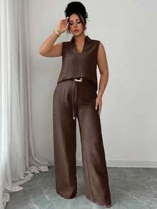 PARARAL Plus Size Women's Summer Casual Solid Color Sleeveless Top And Pants Two Pieces Set Elegant - Brown - View 7