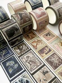 1roll Retro Stamp Pattern Creative Washi Tape, Exquisite Plant And Animal Floral Classic Print Design Tape, Multi-Color Simple Washi Tape, Used For Decorating Scrapbooks, DIY Stationery, And Gift Box Packaging - Single Piece - View 8
